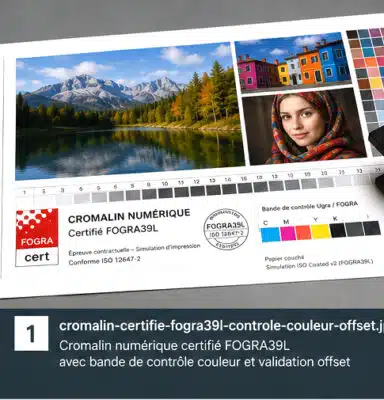 Cromalin numérique certifié FOGRA39L avec bande de contrôle couleur et validation offset