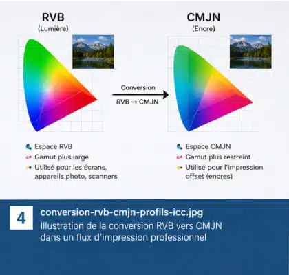 Illustration de la conversion RVB vers CMJN dans un flux d'impression professionnel