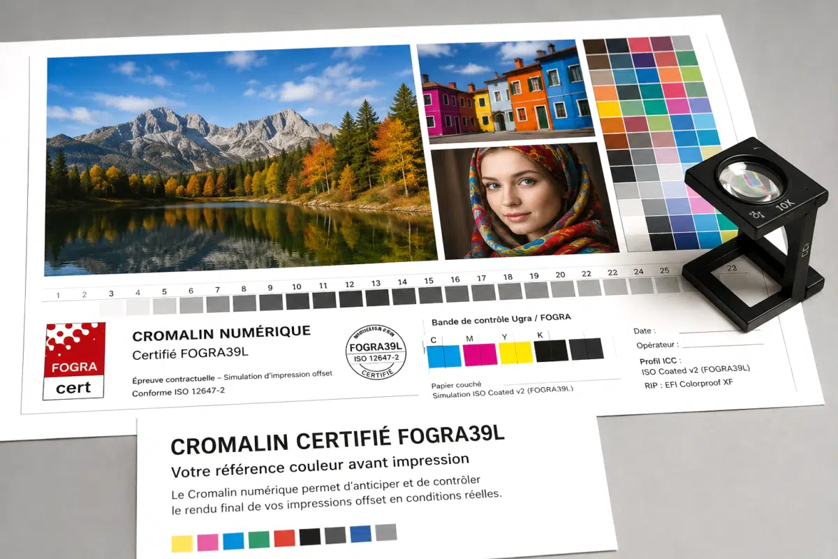 Cromalin numérique certifié FOGRA39L avec bande de contrôle couleur et validation offset