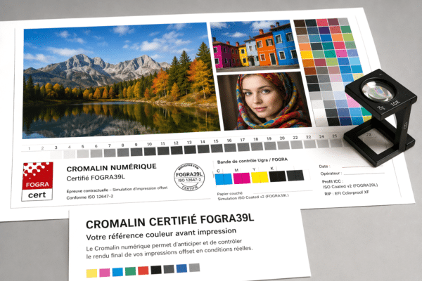 Cromalin numérique certifié FOGRA39L avec bande de contrôle couleur et validation offset