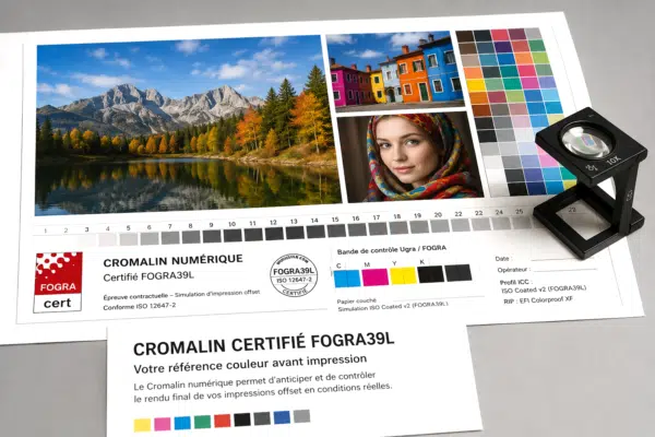 Cromalin numérique certifié FOGRA39L avec bande de contrôle couleur et validation offset