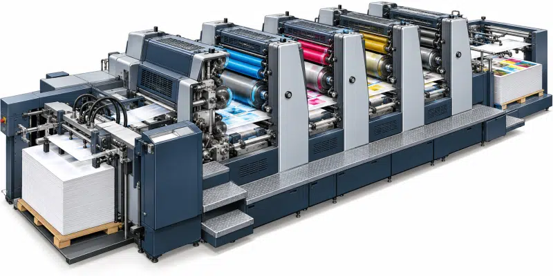 Presse offset quatre couleurs en action